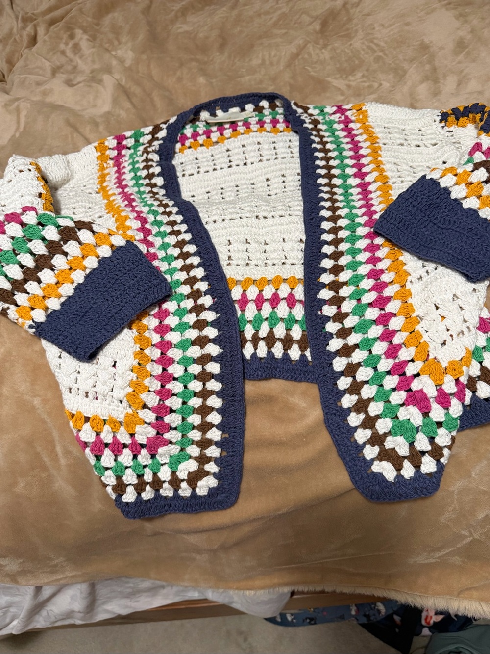 Anthropologie Maeve Cream Crochet Open Cardigan Rainbow Trim One Size - Picture 4 of 7